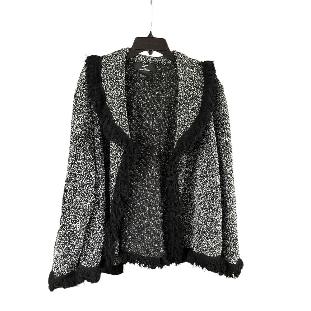 Lennie for Nina Leonard Cardigan Womens 1X Black White Marled Fringe Open Front